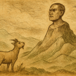 Parchment-style Mauritian folktale illustration of Pieter Both’s stone head atop mountain, goat gazing upward