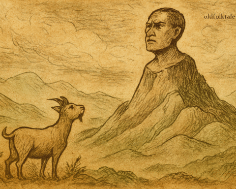 Parchment-style Mauritian folktale illustration of Pieter Both’s stone head atop mountain, goat gazing upward
