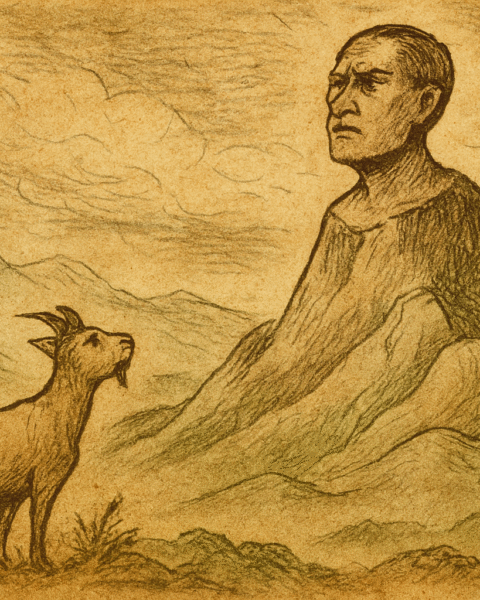 Parchment-style Mauritian folktale illustration of Pieter Both’s stone head atop mountain, goat gazing upward