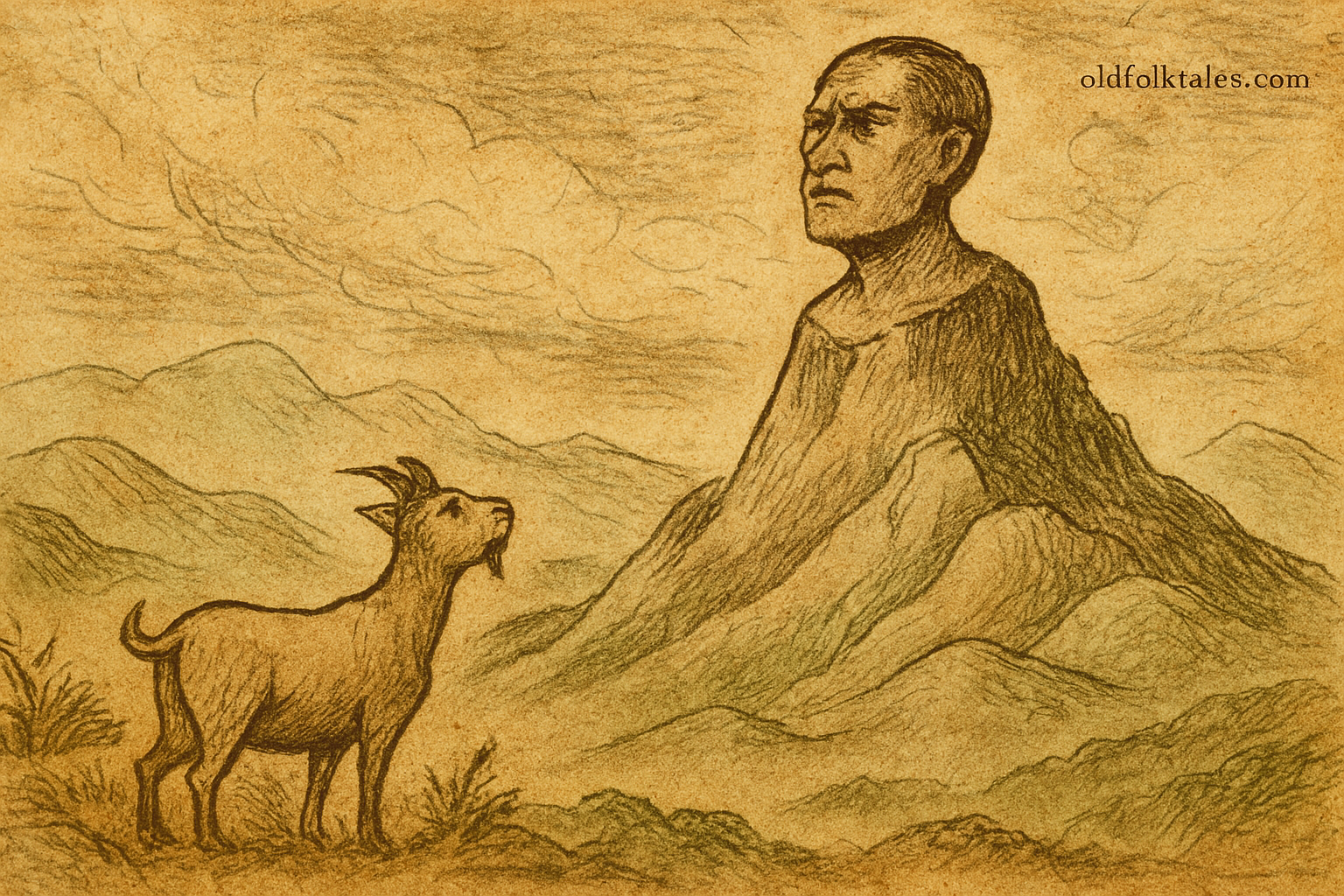Greedy Man Turned to Stone | FolktalesAfrica.com Parchment-style Mauritian folktale illustration of Pieter Both’s stone head atop mountain, goat gazing upward