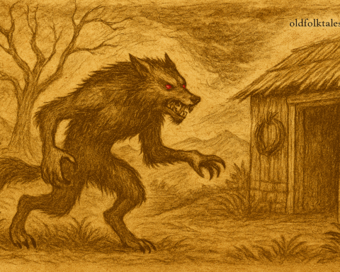 Parchment-style Mauritian folktale illustration of Lougarou beast prowling village at night with glowing red eyes.