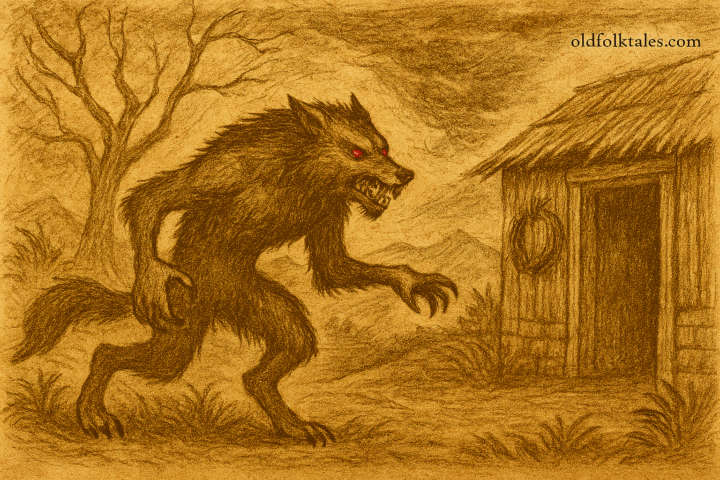 Parchment-style Mauritian folktale illustration of Lougarou beast prowling village at night with glowing red eyes.