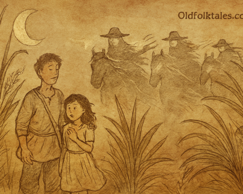 Parchment-style Mauritian folktale illustration of Ti-Jean, child, and ghostly riders in moonlit sugarcane fields.
