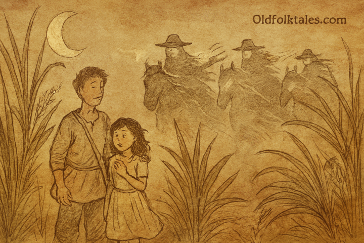 Parchment-style Mauritian folktale illustration of Ti-Jean, child, and ghostly riders in moonlit sugarcane fields.