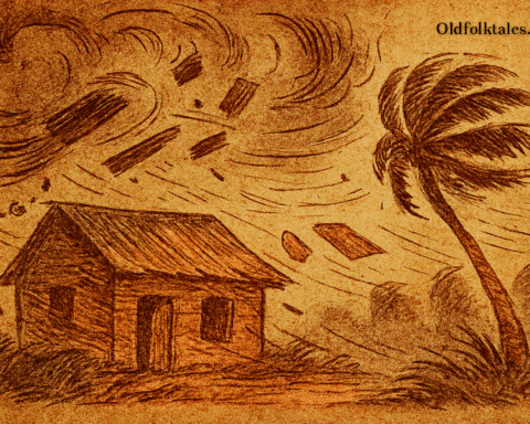 Parchment-style Mauritian folktale illustration of cyclone tearing roof from house, palm tree bending in storm winds.