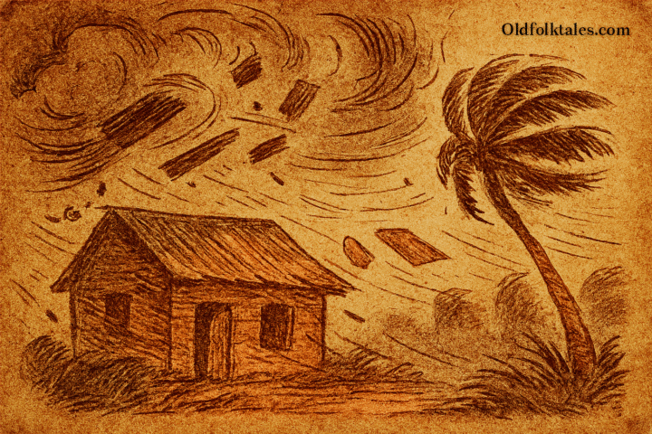 Parchment-style Mauritian folktale illustration of cyclone tearing roof from house, palm tree bending in storm winds.