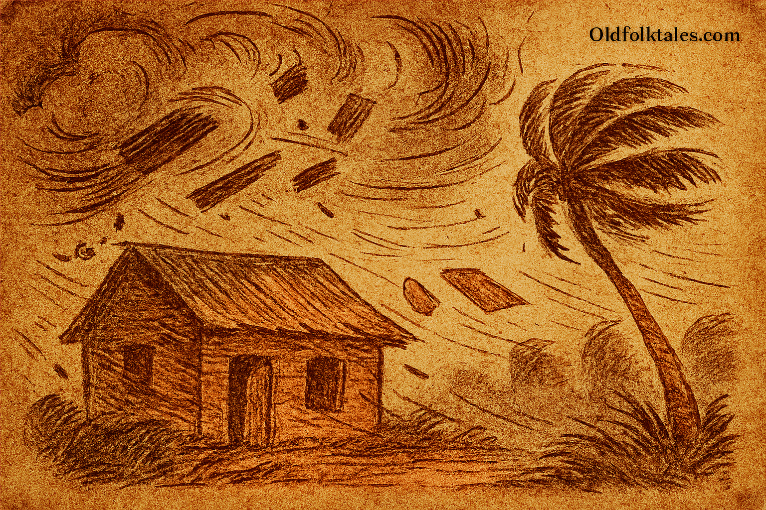 The Ghost That Walked at Midnight | FolktalesAfrica.com Parchment-style Mauritian folktale illustration of cyclone tearing roof from house, palm tree bending in storm winds.