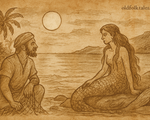 Parchment-style Mauritian folktale illustration of fisherman meeting mermaid on moonlit shore near Poste Lafayette.