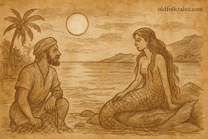 Parchment-style Mauritian folktale illustration of fisherman meeting mermaid on moonlit shore near Poste Lafayette.