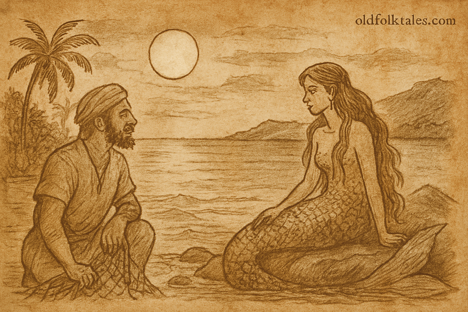 Parchment-style Mauritian folktale illustration of fisherman meeting mermaid on moonlit shore near Poste Lafayette.