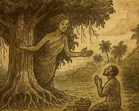 Parchment-style Mauritian folktale illustration of banyan tree spirit and kneeling man offering prayers beneath stormy sky.