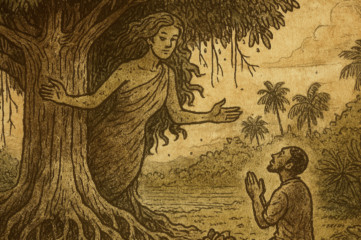 Parchment-style Mauritian folktale illustration of banyan tree spirit and kneeling man offering prayers beneath stormy sky.