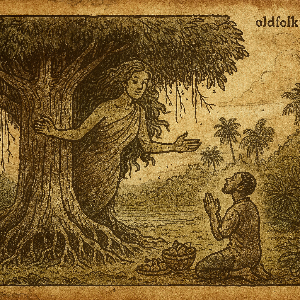 The Sacred Tree's Spirit | FolktalesAfrica.com Parchment-style Mauritian folktale illustration of banyan tree spirit and kneeling man offering prayers beneath stormy sky.