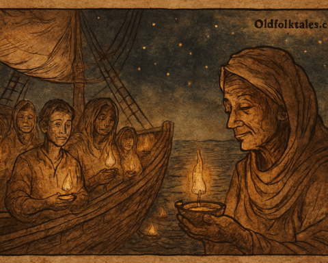 Parchment-style Mauritian folktale illustration of passengers lighting diyas on ship under starry ocean sky.