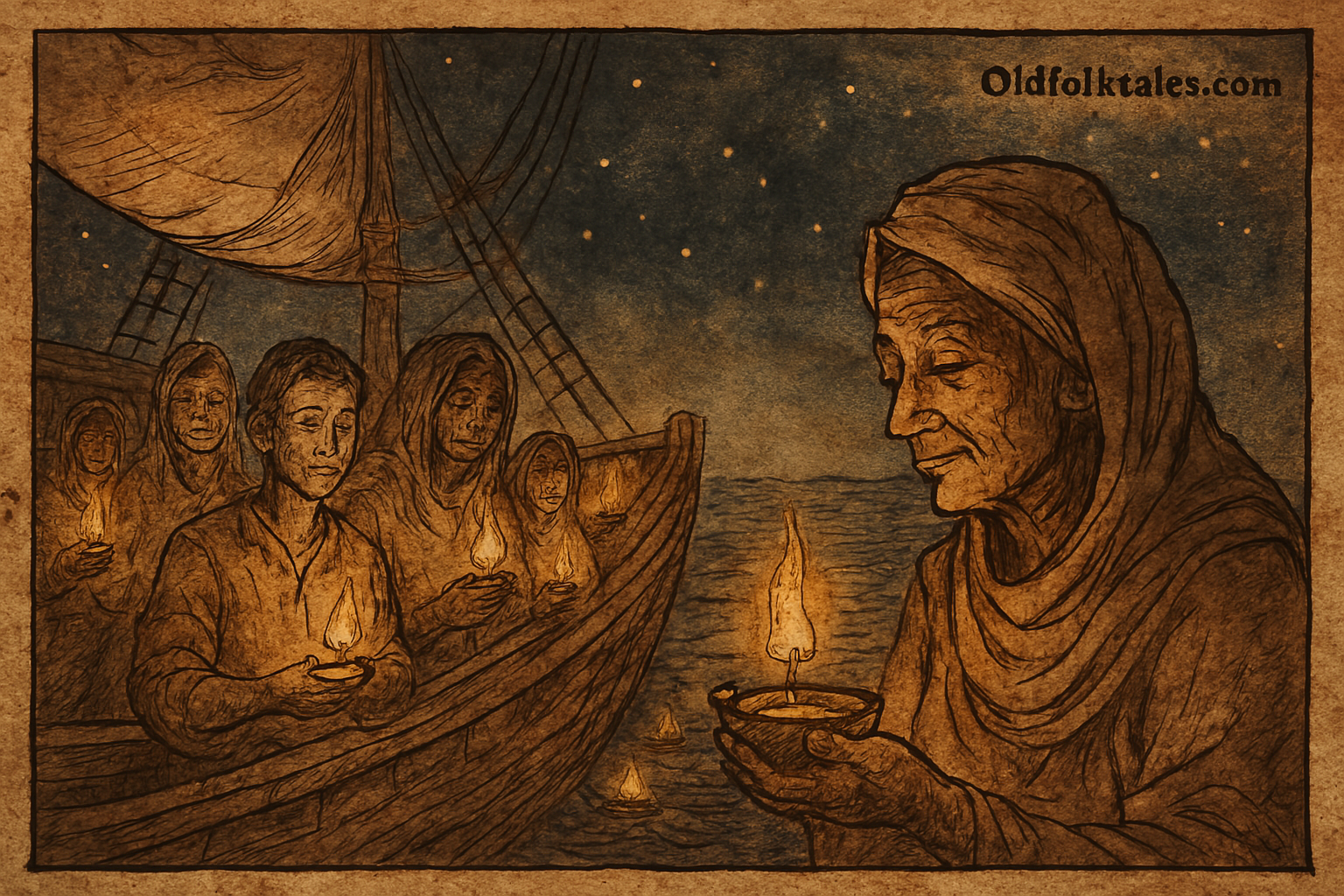 The Light That Crossed the Ocean | FolktalesAfrica.com Parchment-style Mauritian folktale illustration of passengers lighting diyas on ship under starry ocean sky.