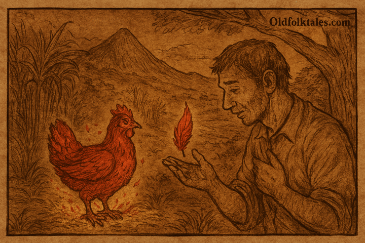 Parchment-style Mauritian folktale illustration of Suren receiving glowing red feather from mystical crimson hen.