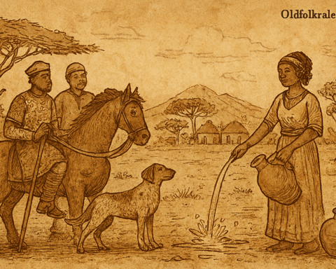 Parchment-style African folktale illustration of Anait pouring water as Prince Vachagan watches near village spring.