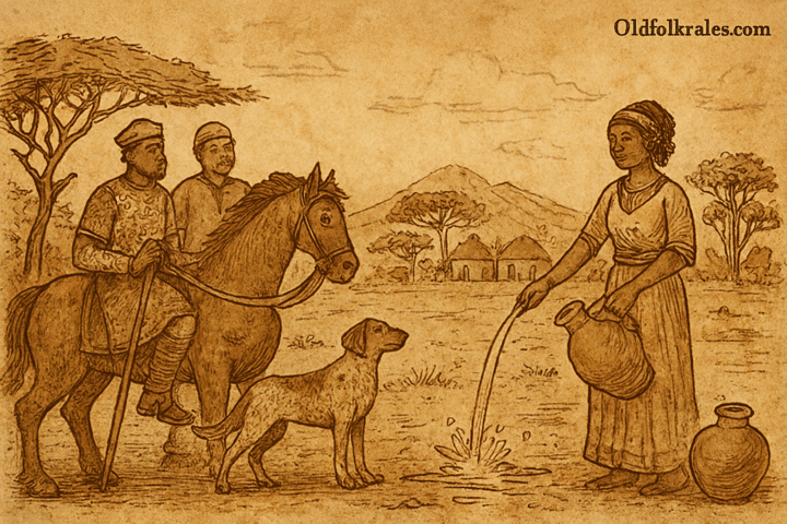 Parchment-style African folktale illustration of Anait pouring water as Prince Vachagan watches near village spring.