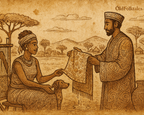 Parchment-style African folktale illustration of Amara weaving as Vachagan offers golden brocade beneath baobab tree.