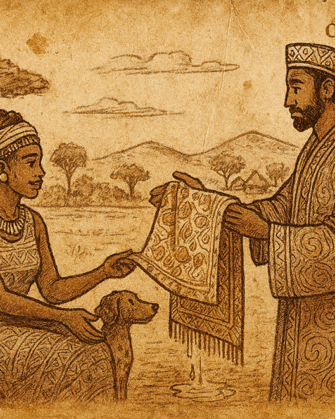 Parchment-style African folktale illustration of Amara weaving as Vachagan offers golden brocade beneath baobab tree.