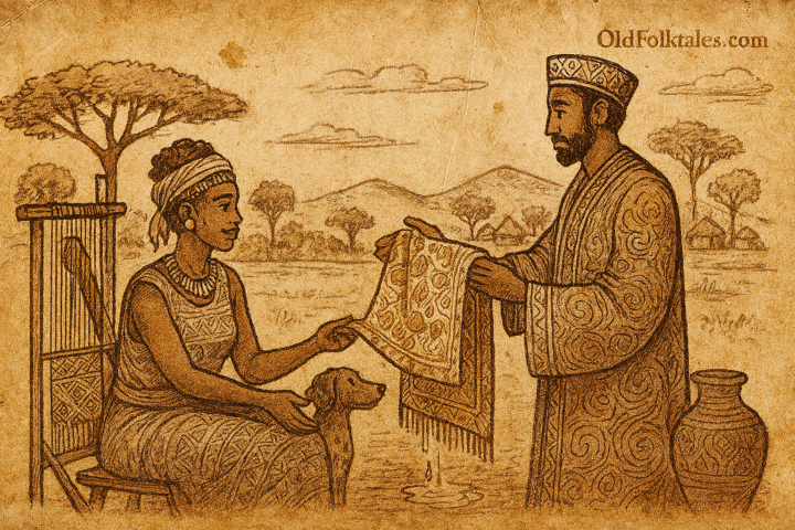 Parchment-style African folktale illustration of Amara weaving as Vachagan offers golden brocade beneath baobab tree.