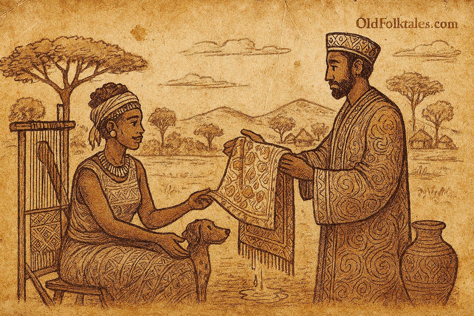 Parchment-style African folktale illustration of Amara weaving as Vachagan offers golden brocade beneath baobab tree.