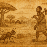 Parchment-style African folktale illustration of fly asking woodcutter her name beneath baobab tree in village.