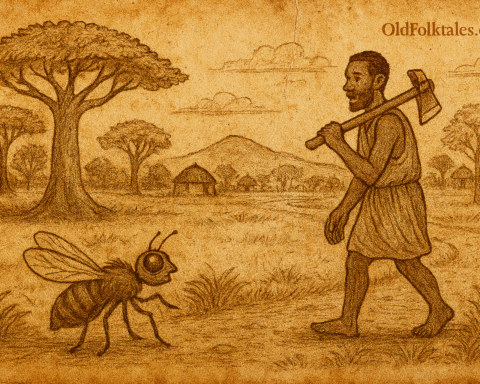 Parchment-style African folktale illustration of fly asking woodcutter her name beneath baobab tree in village.