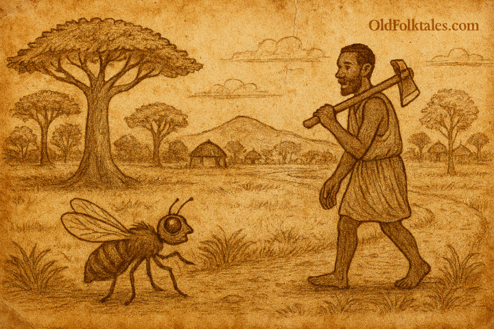 Parchment-style African folktale illustration of fly asking woodcutter her name beneath baobab tree in village.