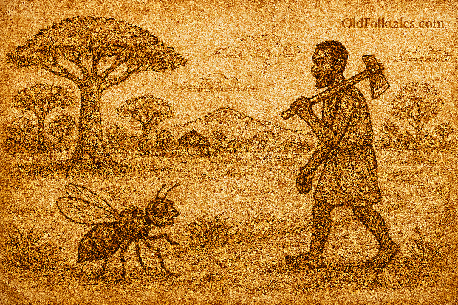 Parchment-style African folktale illustration of fly asking woodcutter her name beneath baobab tree in village.