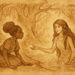 Parchment-style illustration of Ekanem meeting Adiaha at a magical forest pool, Nigerian folktale scene.