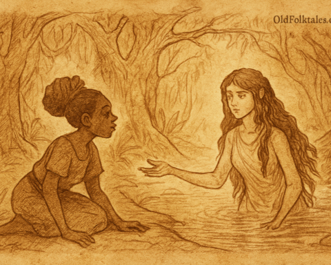 Parchment-style illustration of Ekanem meeting Adiaha at a magical forest pool, Nigerian folktale scene.