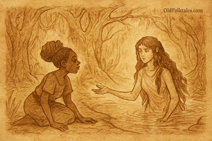 Parchment-style illustration of Ekanem meeting Adiaha at a magical forest pool, Nigerian folktale scene.