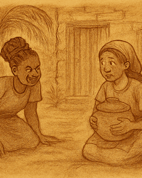 Parchment-style illustration of Anwa bringing food to Nkoyo in Calabar courtyard, Nigerian folktale scene.