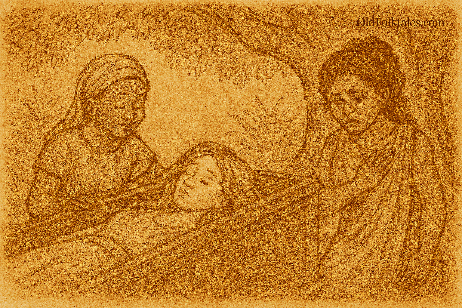 Parchment-style illustration of Moonlight resting in a carved chest, Efik folktale from Calabar, Nigeria.