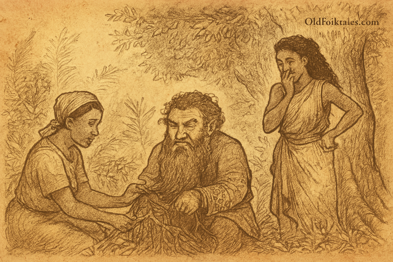 Parchment-style illustration of Adamma and Omalicha aiding a bearded dwarf, an Igbo folktale.
