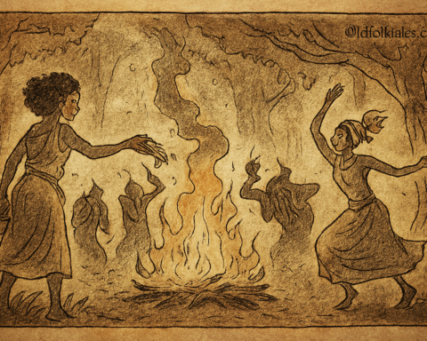 Parchment-style illustration of Itoro casting herbs to save Abiola from forest spirits, Yoruba folktale.
