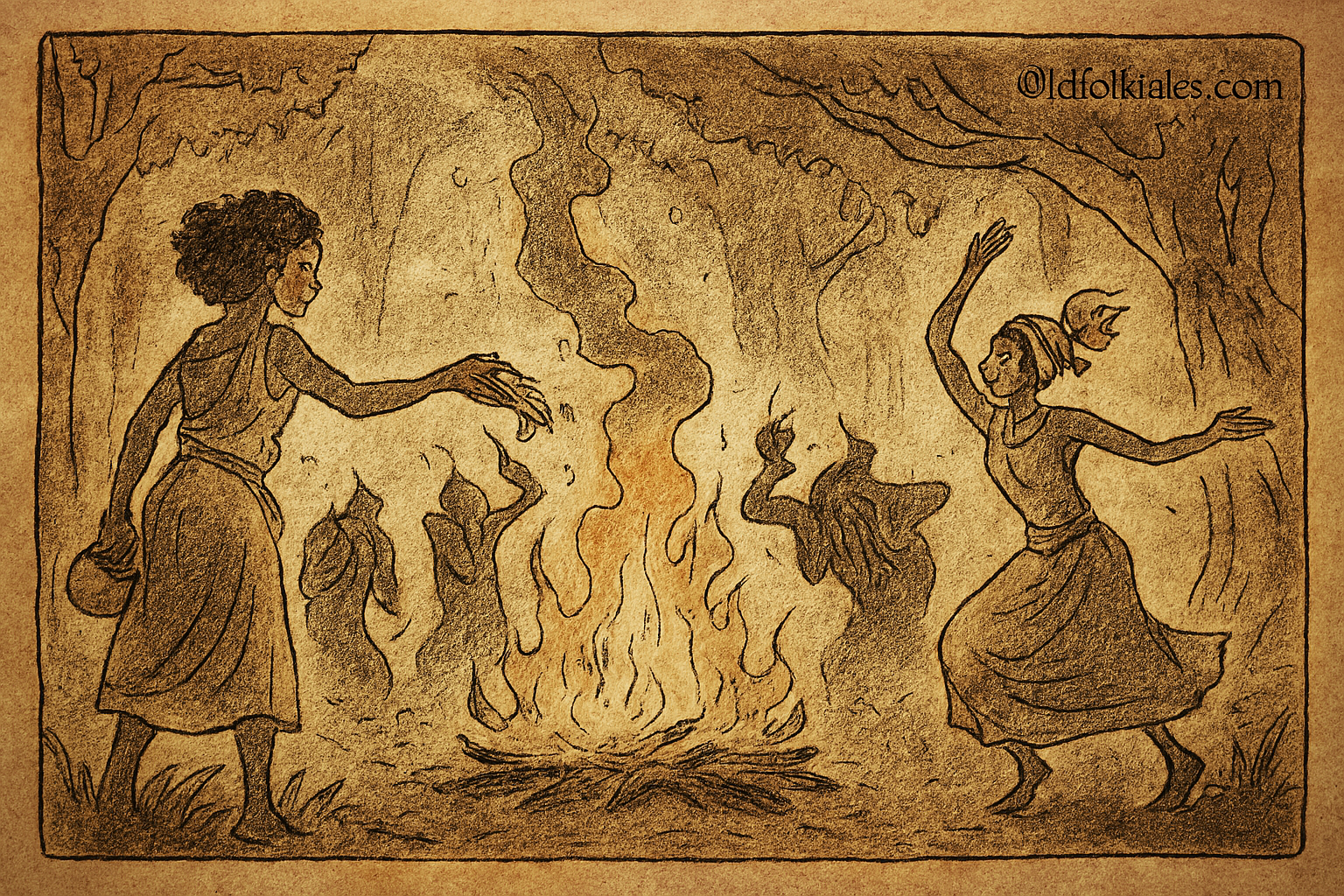 Parchment-style illustration of Itoro casting herbs to save Abiola from forest spirits, Yoruba folktale.