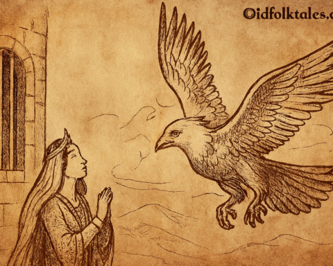 Parchment-style illustration of Wind Bird singing to tower-bound princess, Middle Eastern folktale scene.