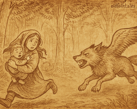Parchment-style illustration of girl fleeing with baby brother from snarling wolf