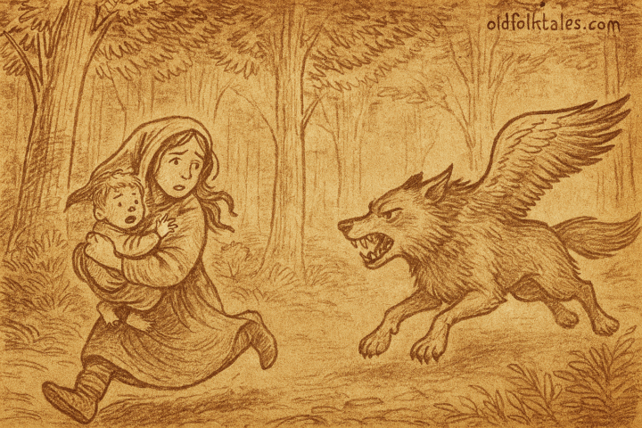 Parchment-style illustration of girl fleeing with baby brother from snarling wolf