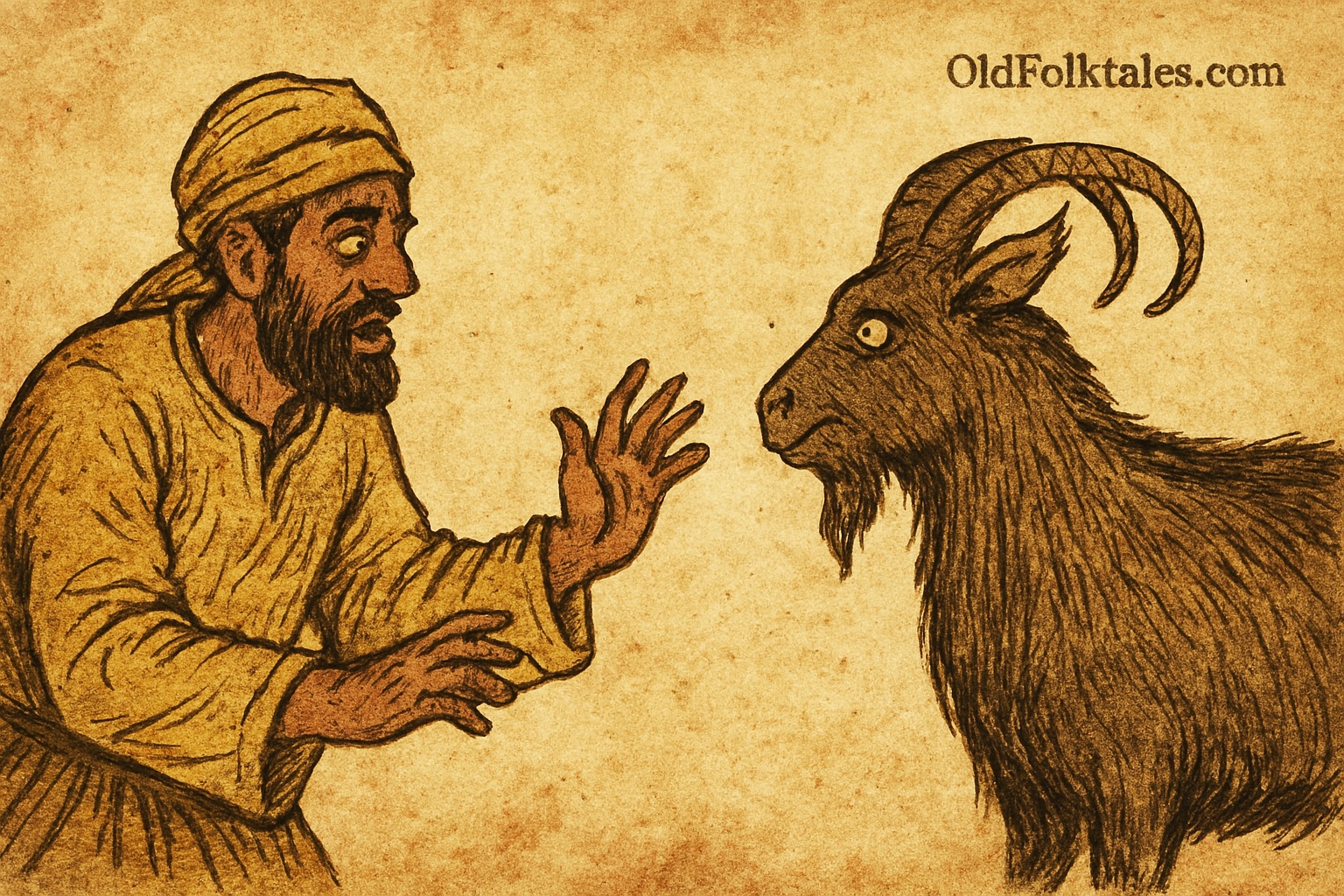 Parchment-style illustration of The Man and the Disguised Goat