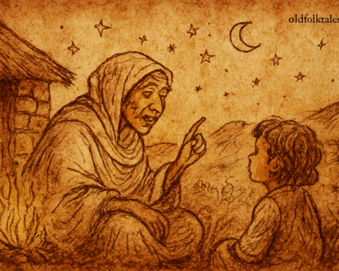 Parchment-style illustration of Ethiopian woman telling final story by fire, fading voice at dawn.