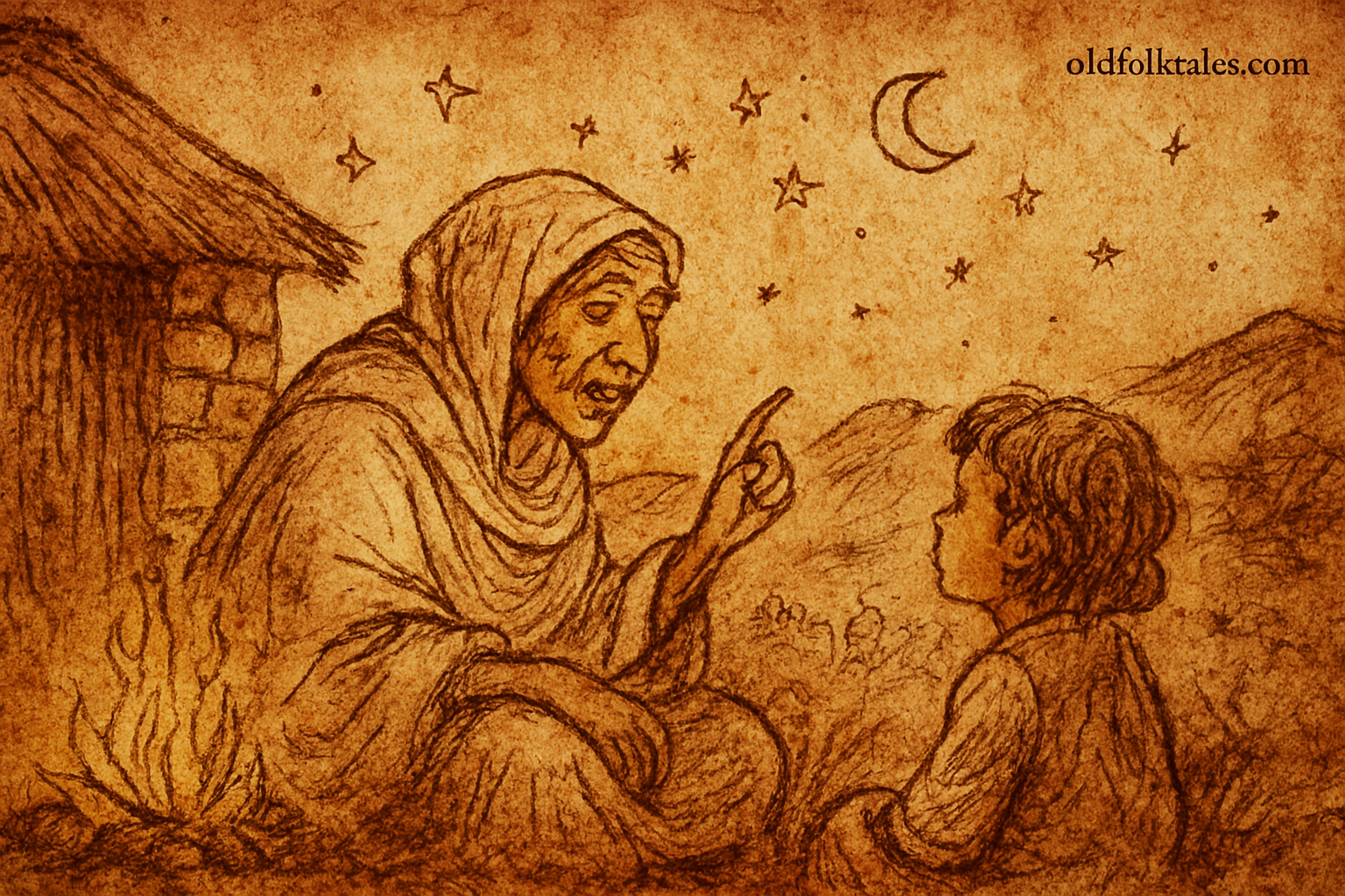 Parchment-style illustration of Ethiopian woman telling final story by fire, fading voice at dawn.