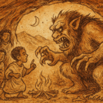 Parchment-style illustration of Half-Boy rescuing brothers from ogre’s cave, Ethiopian folktale of wit and courage.
