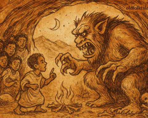 Parchment-style illustration of Half-Boy rescuing brothers from ogre’s cave, Ethiopian folktale of wit and courage.