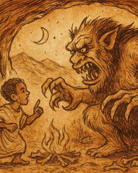 Parchment-style illustration of Half-Boy rescuing brothers from ogre’s cave, Ethiopian folktale of wit and courage.