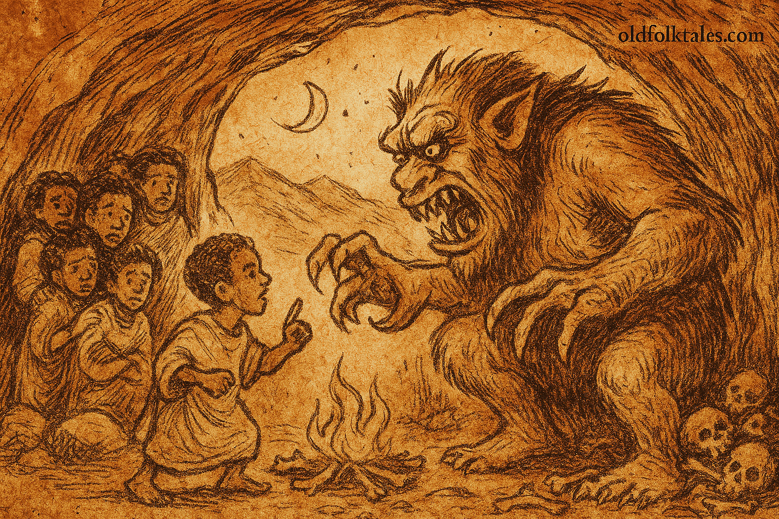 Parchment-style illustration of Half-Boy rescuing brothers from ogre’s cave, Ethiopian folktale of wit and courage.
