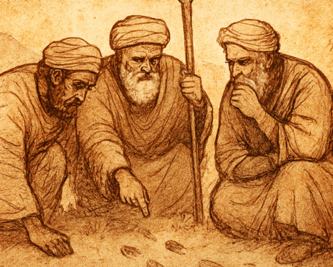 Parchment-style illustration of three Ethiopian wise men examining camel tracks in dusty market.