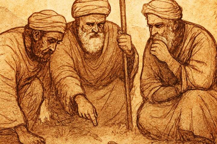 Parchment-style illustration of three Ethiopian wise men examining camel tracks in dusty market.